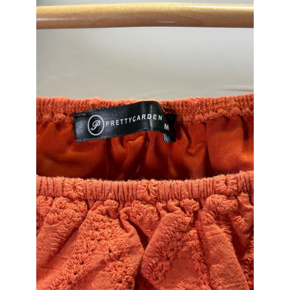 PRETTYGARDEN Women Burnt Orange Cotton‎ Eyelet Puff Sleeve Mini Dress Size M - Picture 3 of 6